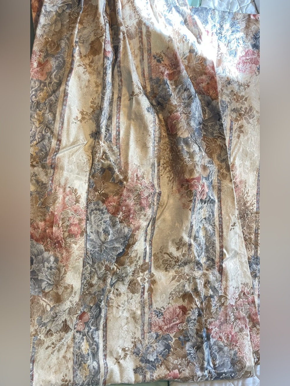 vintage JCPenney pinch pleat drapes feature a damask floral and stripe pattern